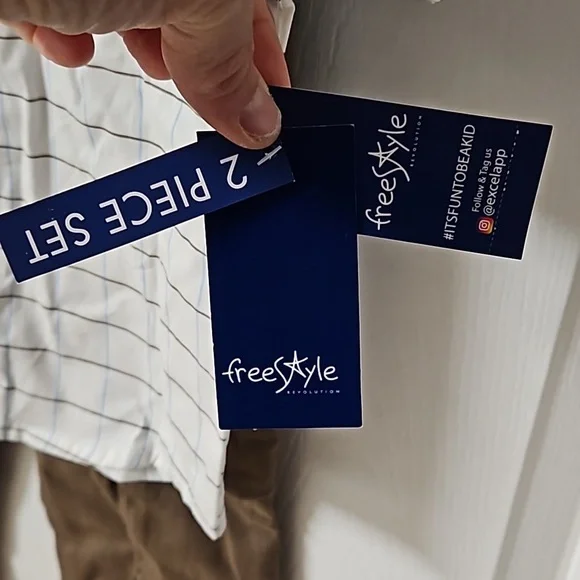 Freestyle 2 Piece Set White Button Down Blue Brown Stripe Sleeve Brown Cargo 5 - Picture 7 of 13